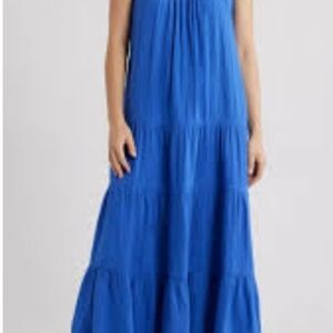 Caslon Blue Tiered Maxi Dress Ruffle Strap Cotton Size L NWT
